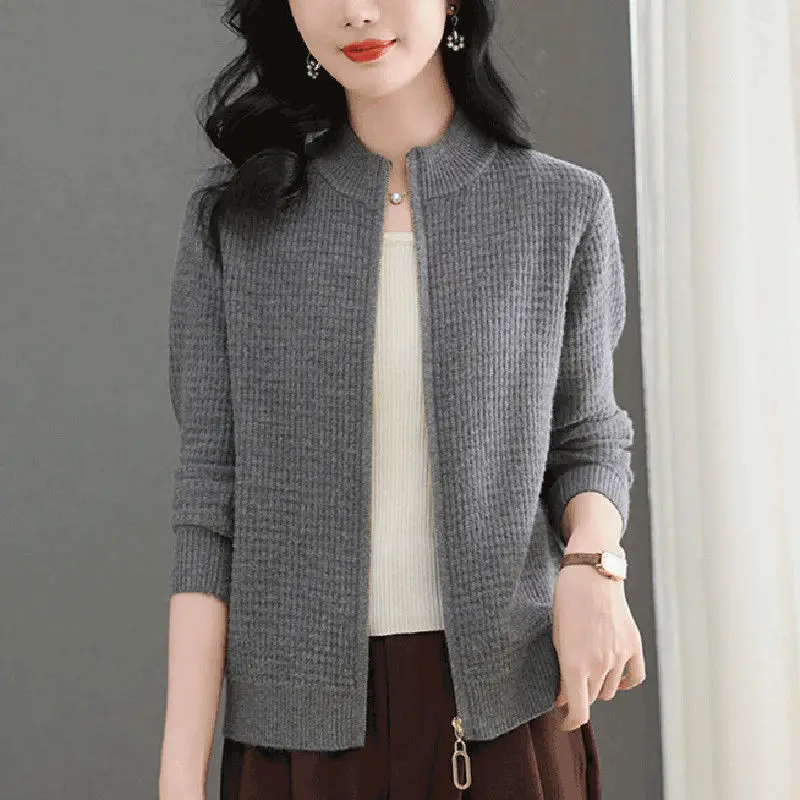 Veste courte Slim pour femme, vêtements de printemps et d'automne, col montant, tricot, haut à manches longues, manteau pull pour femme