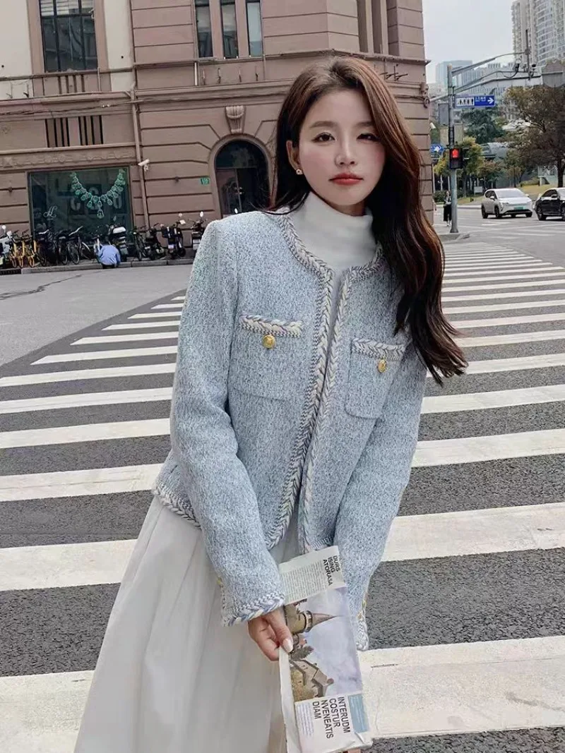 

New High Quality Korean Fashion Tweed Coat Women Elegant Slim Long Sleeve O-neck Small Fragrant Short Jacket Office Lady