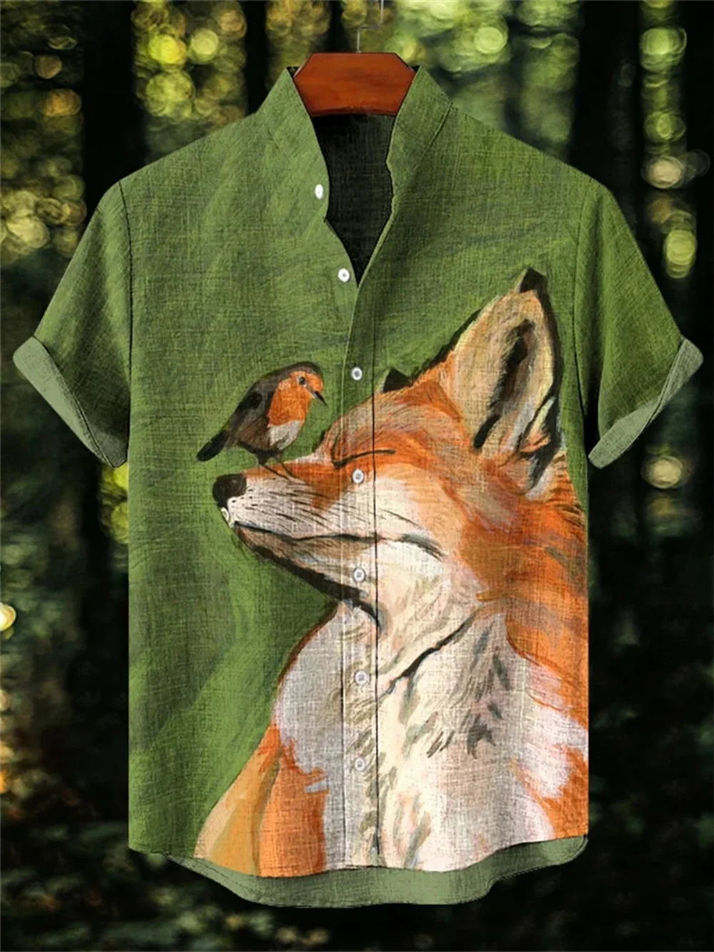 

Men's plus Size Short Sleeve Linen Shirt Creative Animal Print Stand up Collar Cardigan Fashionable High-Quality New Arrangement