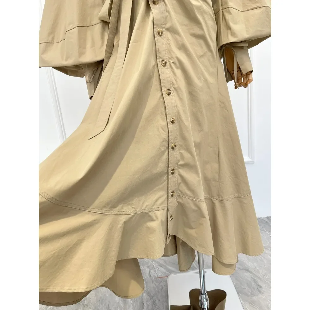 2025 feminino cáqui manga longa blusa lateral cintura gravata vestido midi de algodão