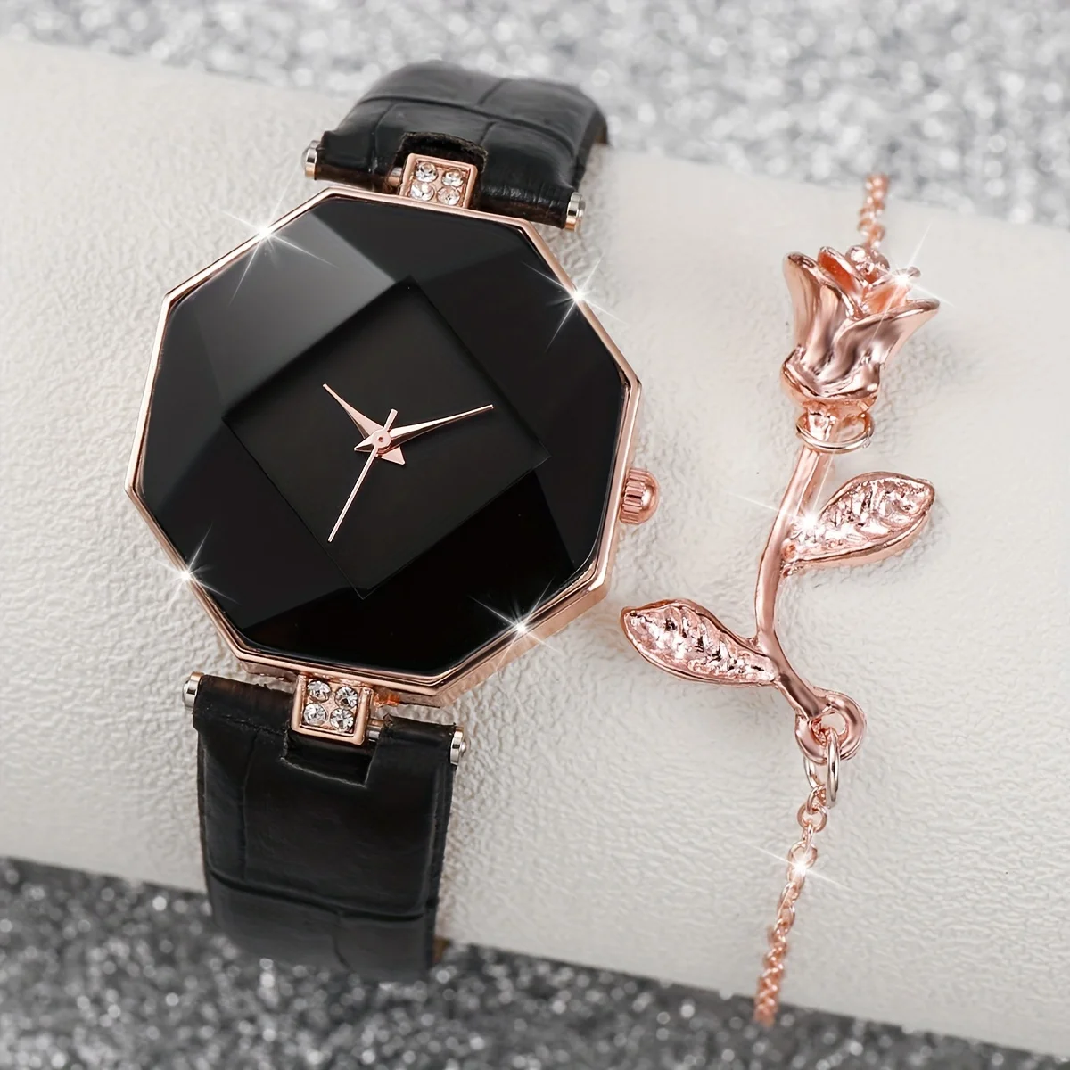 Montre Polygone avec Bracelet en Cuir PU et Or Rose pour Femme, Montre à Quartz Décontractée, Ensemble de 2 Pièces