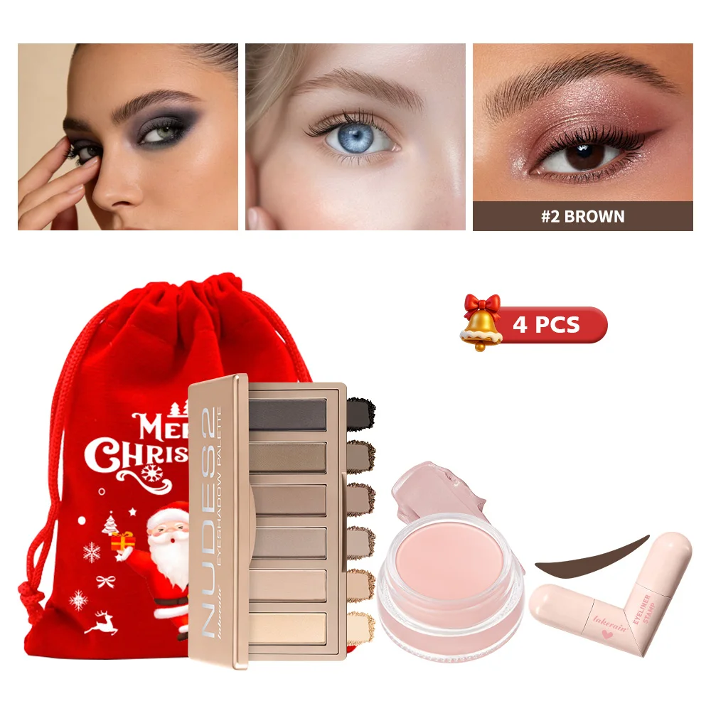 4Pcs Eye Makeup Set Nude Eyeshadow Palette Eyeliner Stamp Under Eye Brightener Long Lasting Portable Beginner Christmas Gift Kit