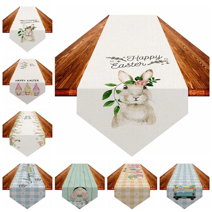 

183*33cm Easter Flax Table Runner Bunny Easter Rabbit Party DIY Spring Colorful Eggs Happy Easter Day Decor For Home 2025