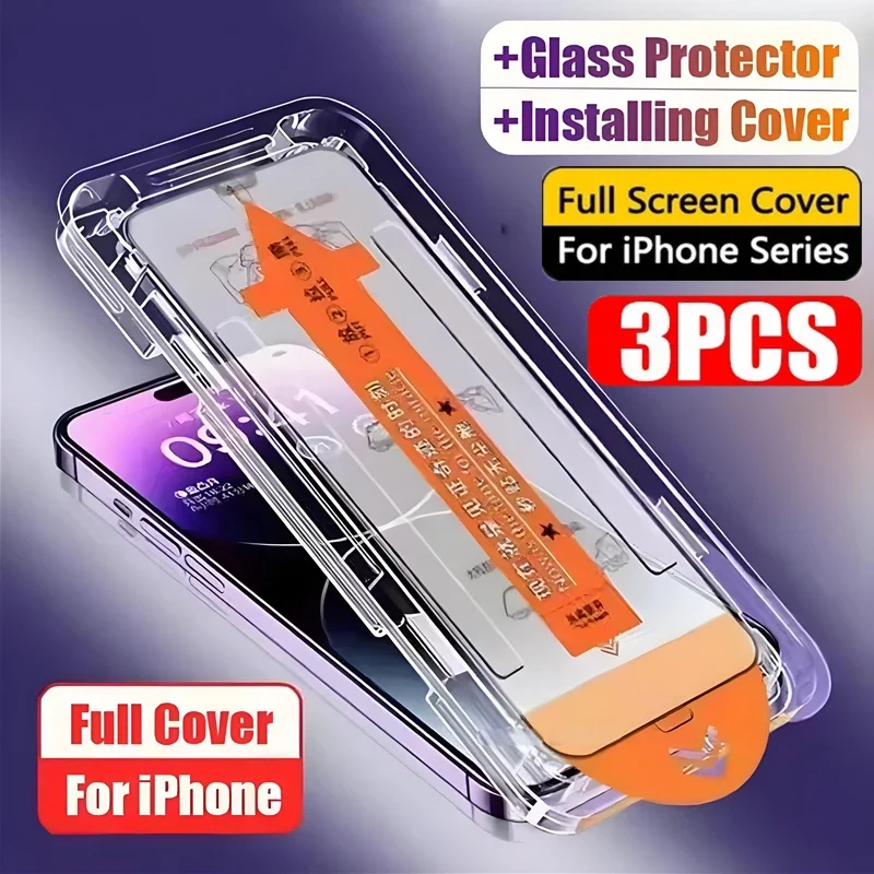 3Pcs Dust free Installation Screen Protector  for IPhone 16 15 14 13 12 11 Pro Max Plus Mini XR X XS Tempered Glass