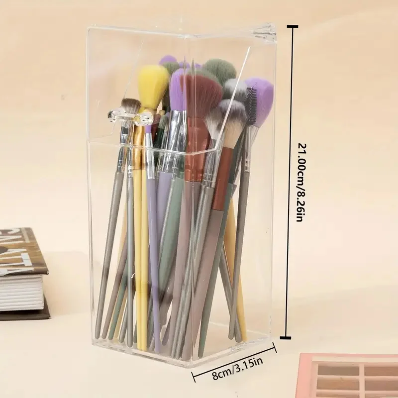 Soporte para brochas de maquillaje, organizador de herramientas para brochas cosméticas acrílicas transparentes cuadradas con tapa a prueba de polvo, caja de almacenamiento para lápices de cejas