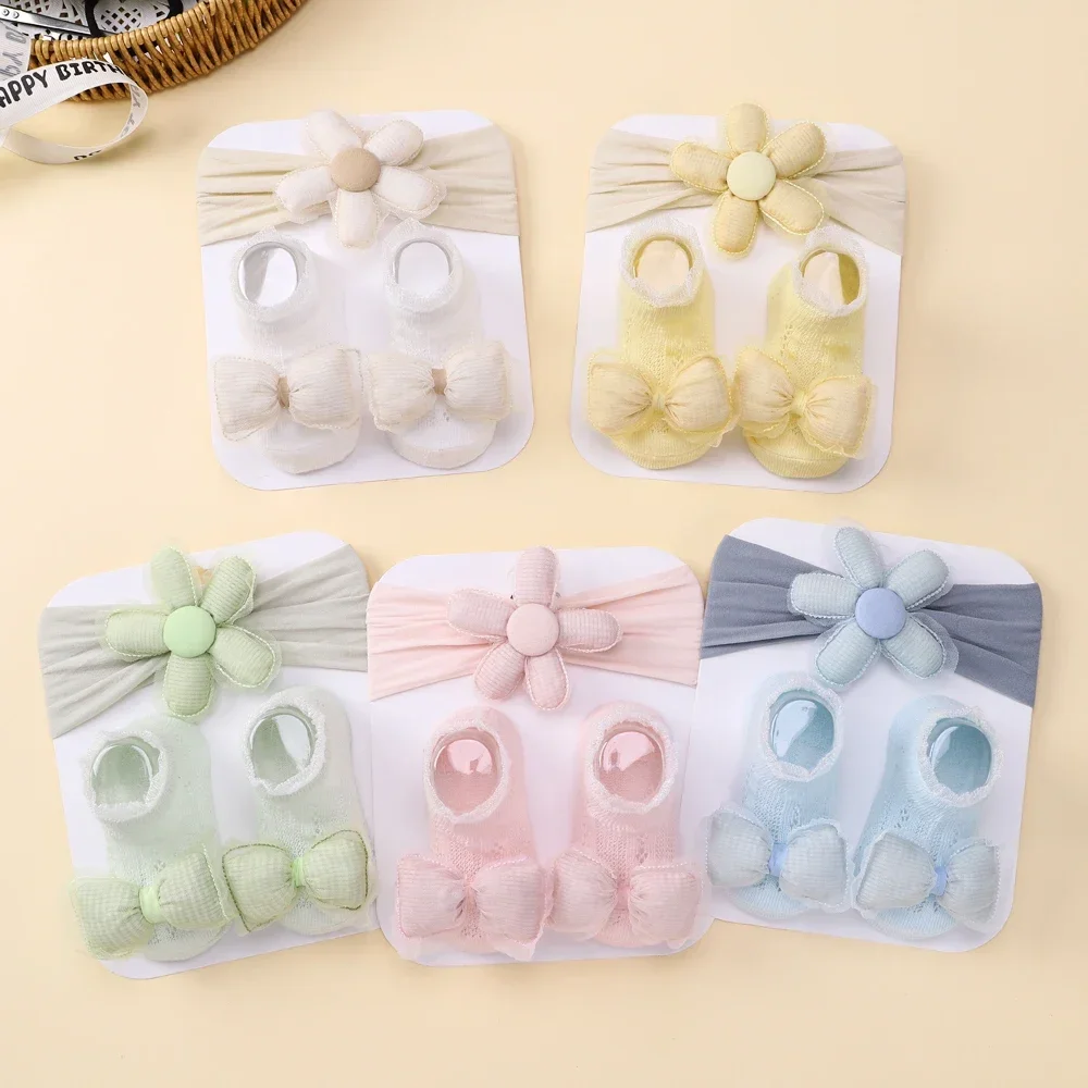 Baby\'s Fresh Flower Headband and Bows Socks Set, Meias curtas respiráveis, Doce infantil elástico para recém-nascidos, cor doce, 2pcs