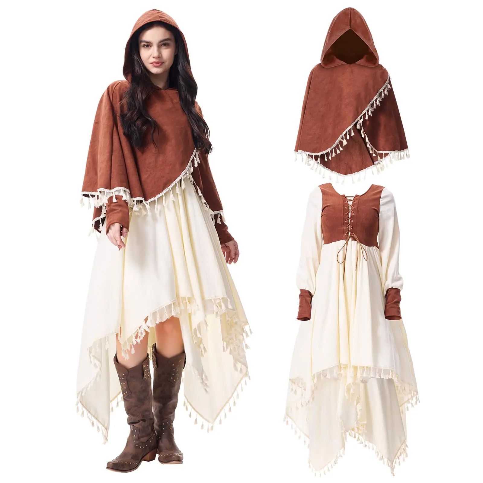 

Renaissance Costume Women Medieval Pirate Dress Hooded Cloak Ren Faire Post Apocalyptic Outfit for Halloween Cosplay Costume