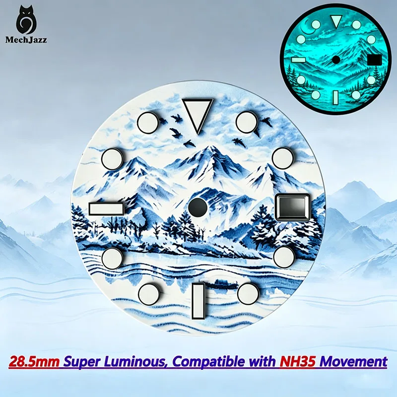 28.5mm Super Luminous Snow Mountain Scenery Watch Dial With Date Window Mod Parts For NH35 NH36 Automatic Mechanical Watch