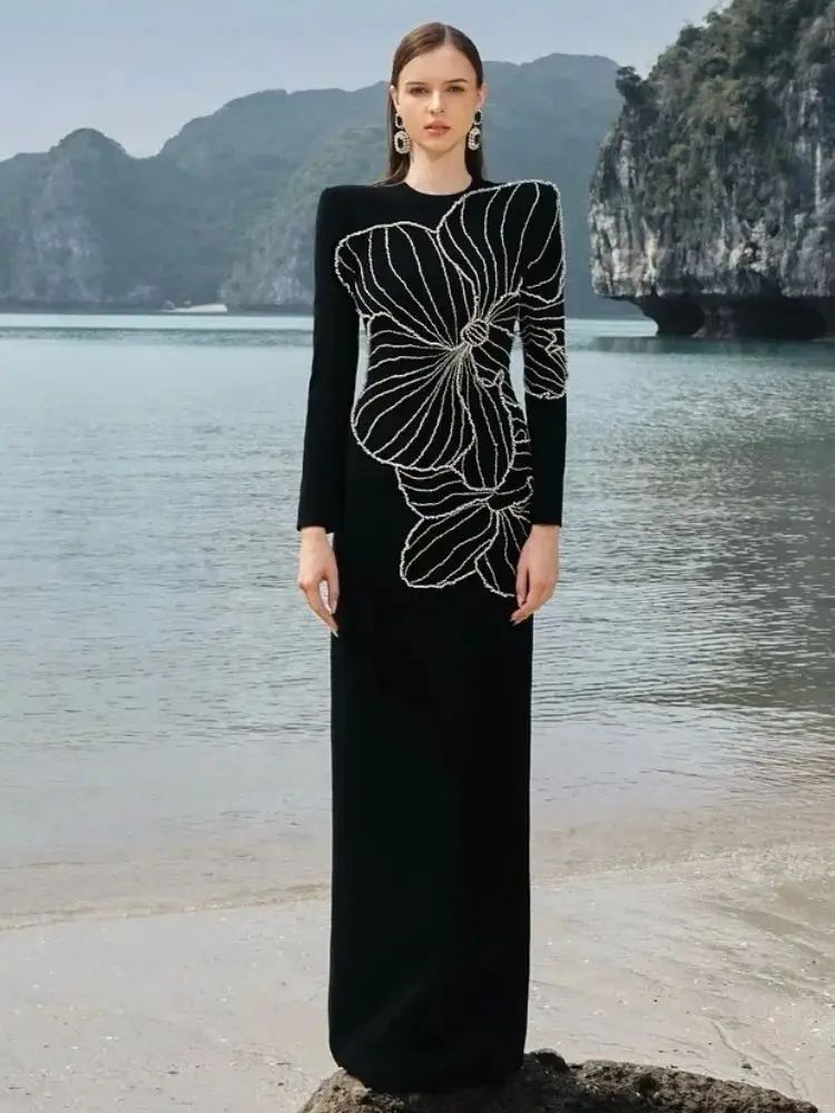 HIGH STREET Newest Fashion 2025 Designer Party Vestido Women's Long Sleeve Luxurious Diamonds Beaded Crystal Long Maxi Dress