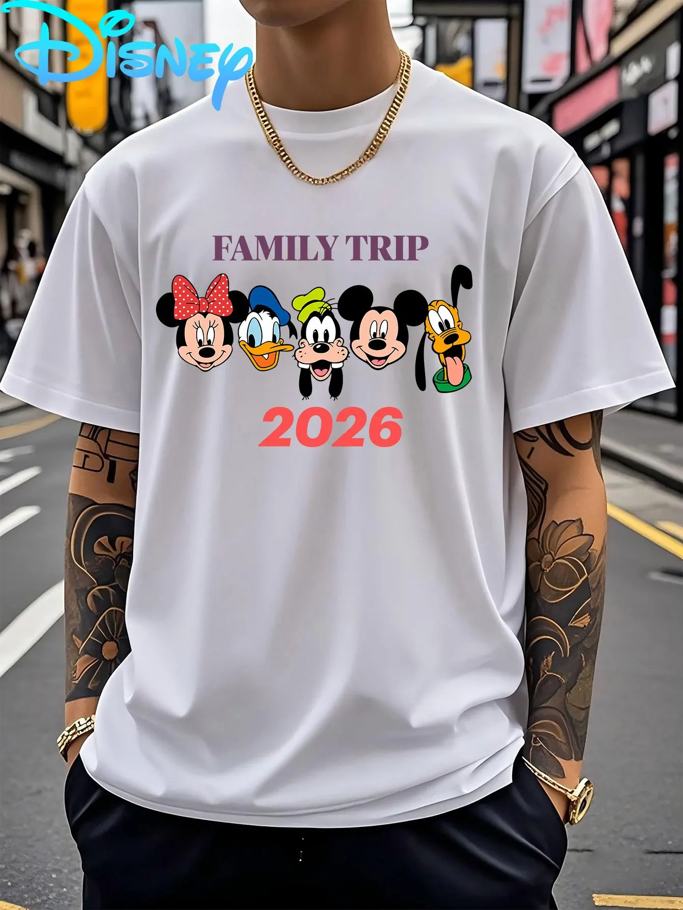 

2026 Men's Disney Mickey Friend Vacation Trip T Shirt Women Cotton Tee Streetwear Casual Trendy Oversized Loose Spring Summer