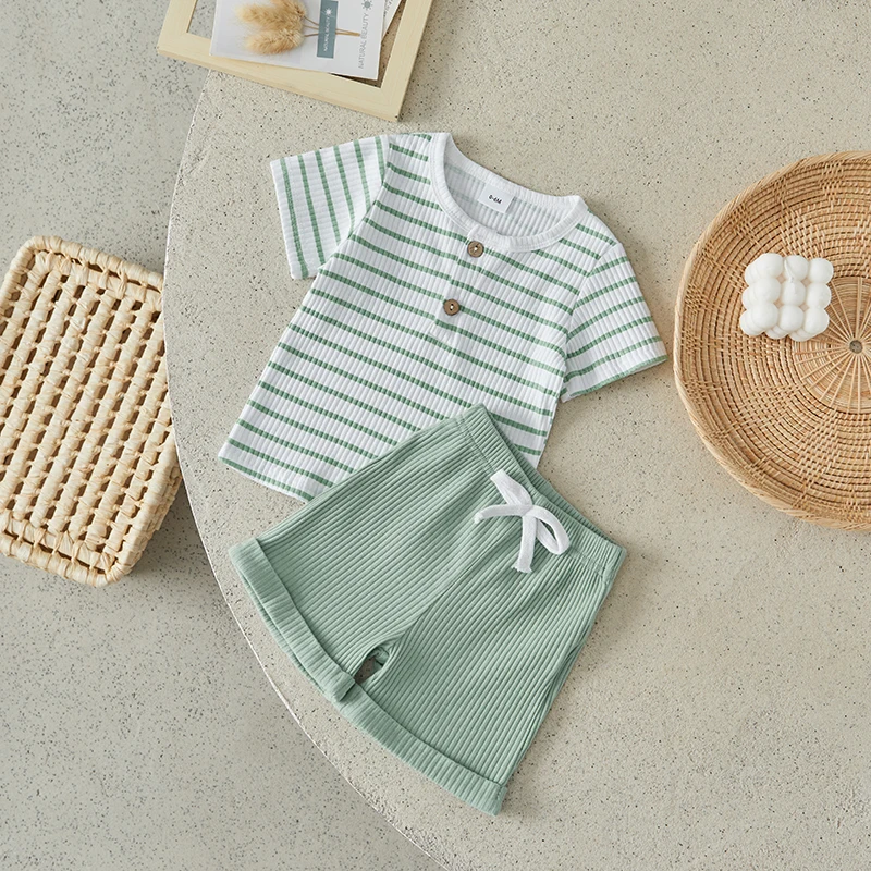 

Suefunskry 2Pcs Baby Boy Summer Outfits Short Sleeve Button Front Round Neck Striped T-Shirt + Shorts Set Infant Clothes