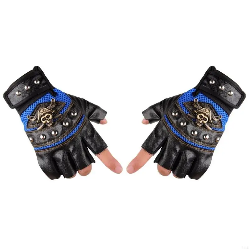 50LE Studded Half-Finger Fingerless Driving Cycling Gloves Fall-proof Cool Skull Studded Summer Hip-Hop Rock and Roll