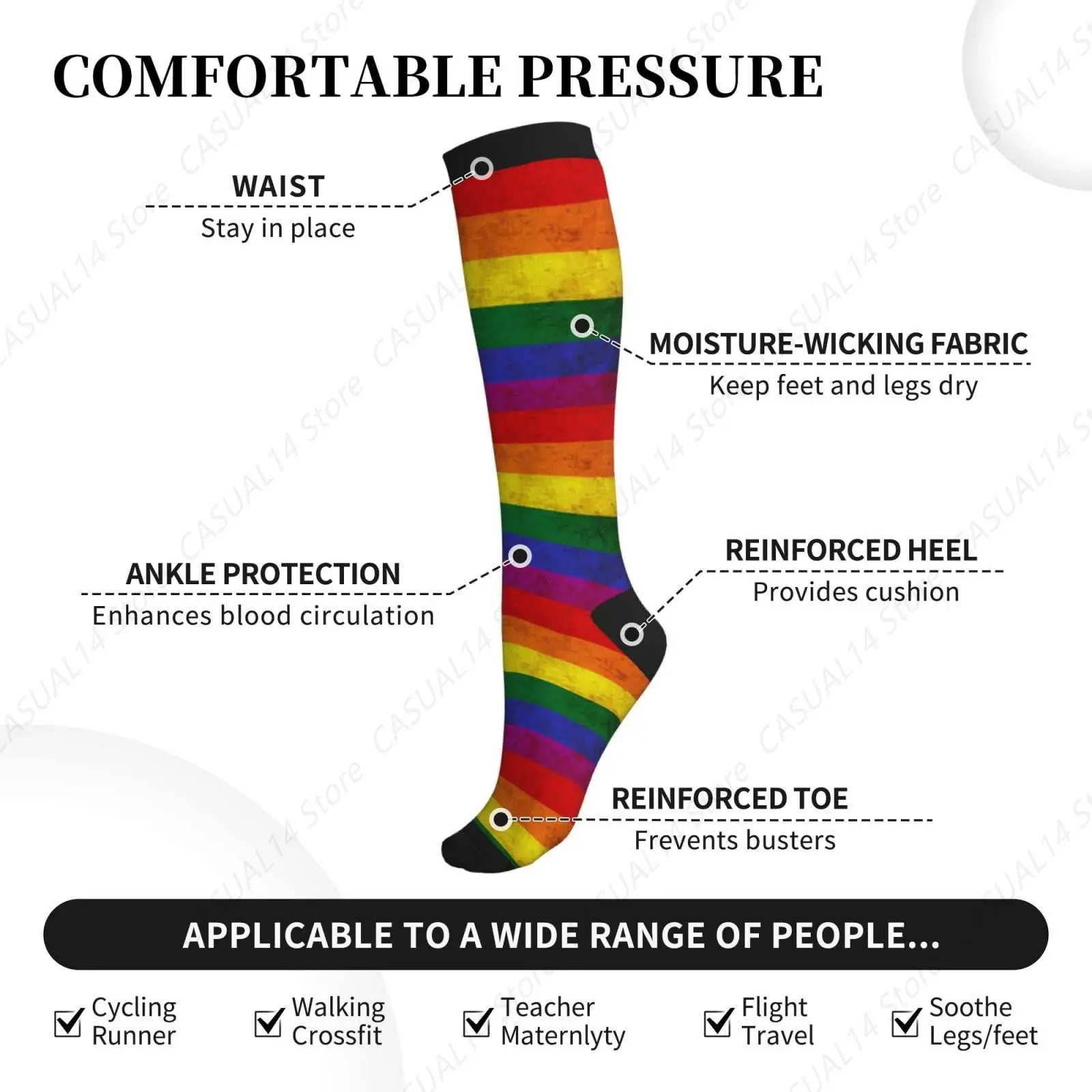 Rainbow Compression Socks Calf Knee High Support Socks Novelty For Women Men Athletic Running Hiking Nurse