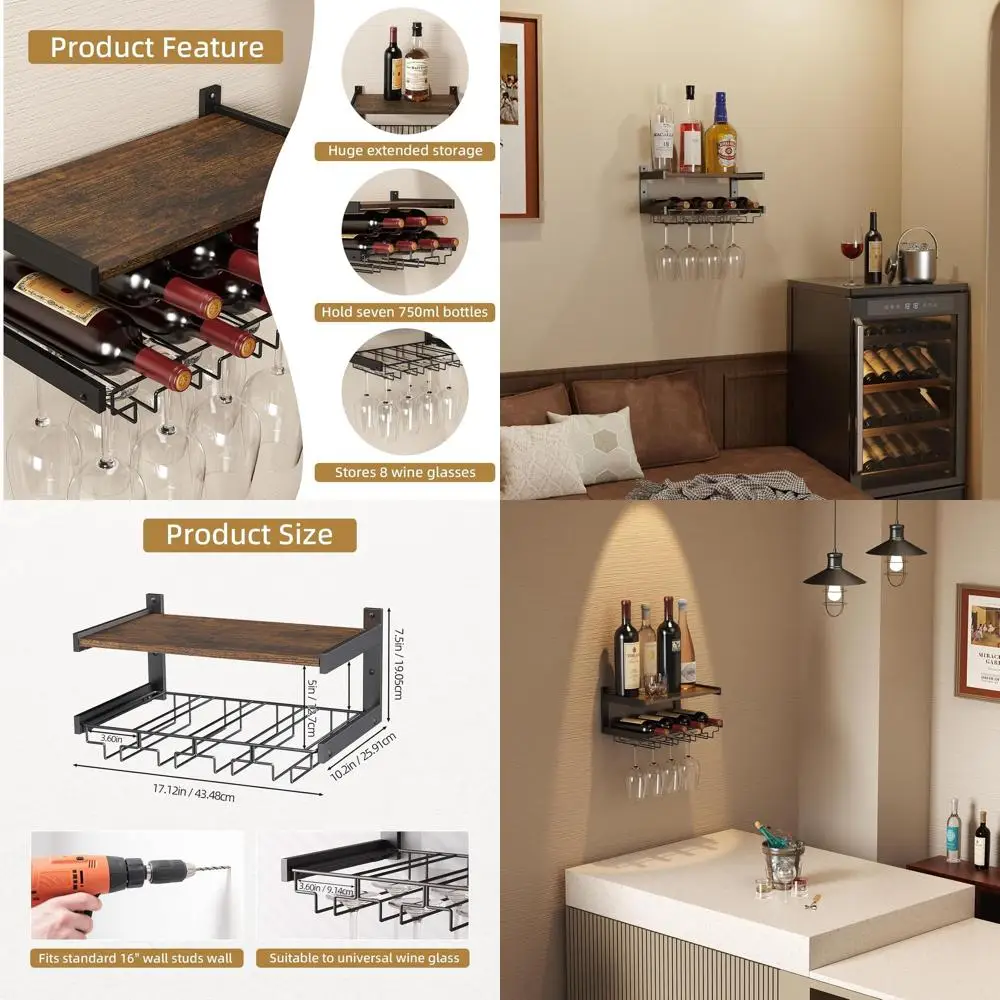 

Настенная винная полка с вешалкой для бокалов, промышленный стеклянный держатель, плавающие полки для хранения, коричневая барная полка с ликером