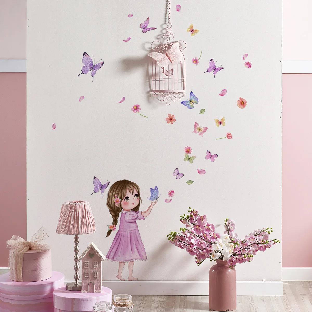 30*40cm Flower Little Girl Color Butterfly Cartoon Cute Wall Sticker Background Wall Living Room Decoration Mural Wall Sticker