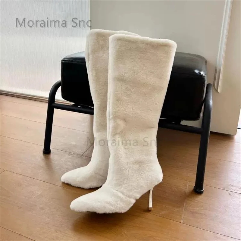 

White Black Furry Snow Boots for Women Pointy Toe Stiletto High Heels Knee High Boots Slip On Warm Women's Winter Shoes 2025