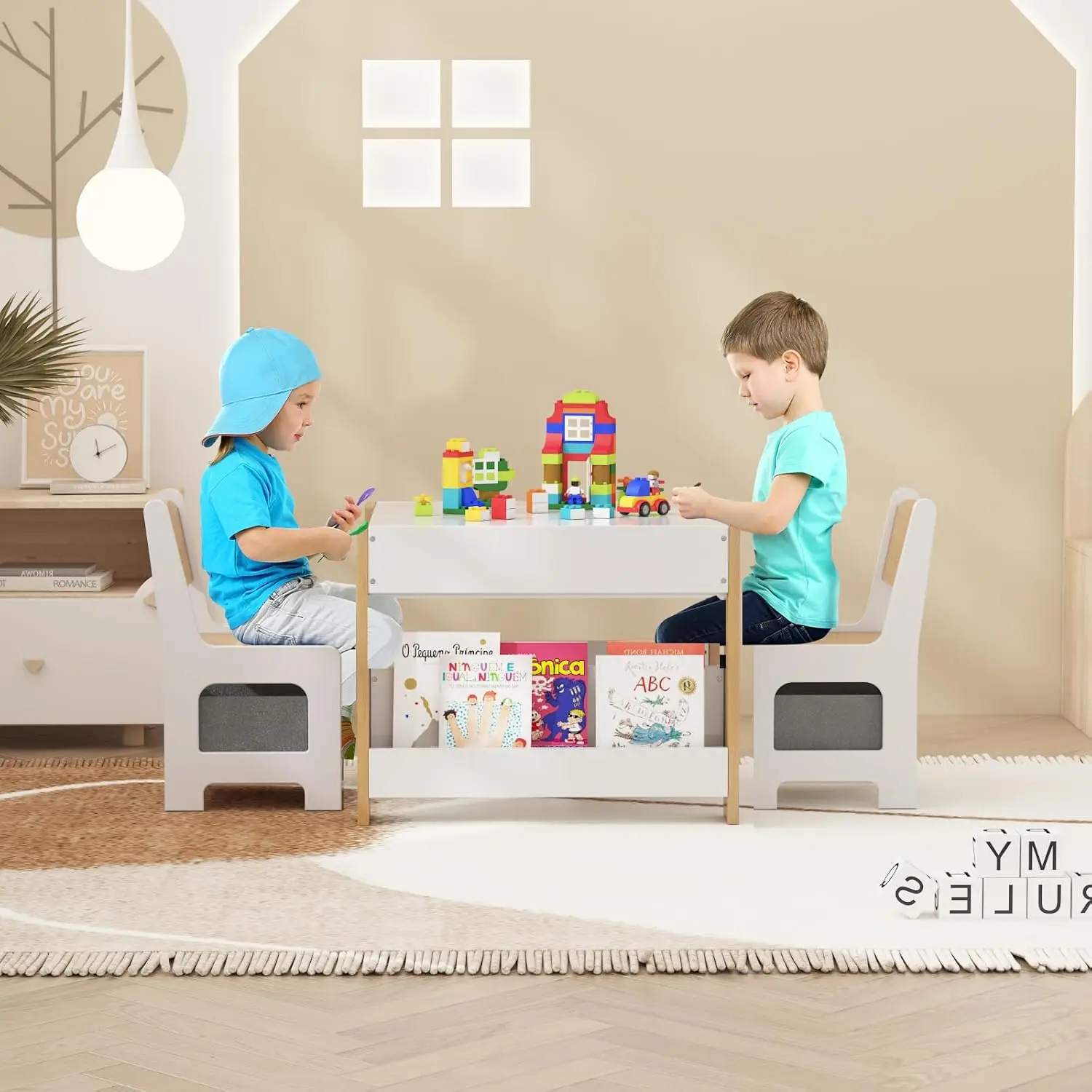 Cadeira de mesa infantil, mesa de atividades de madeira e 2 cadeiras com gaveta de armazenamento, mesa removível para crianças, desenho, leitura, arte