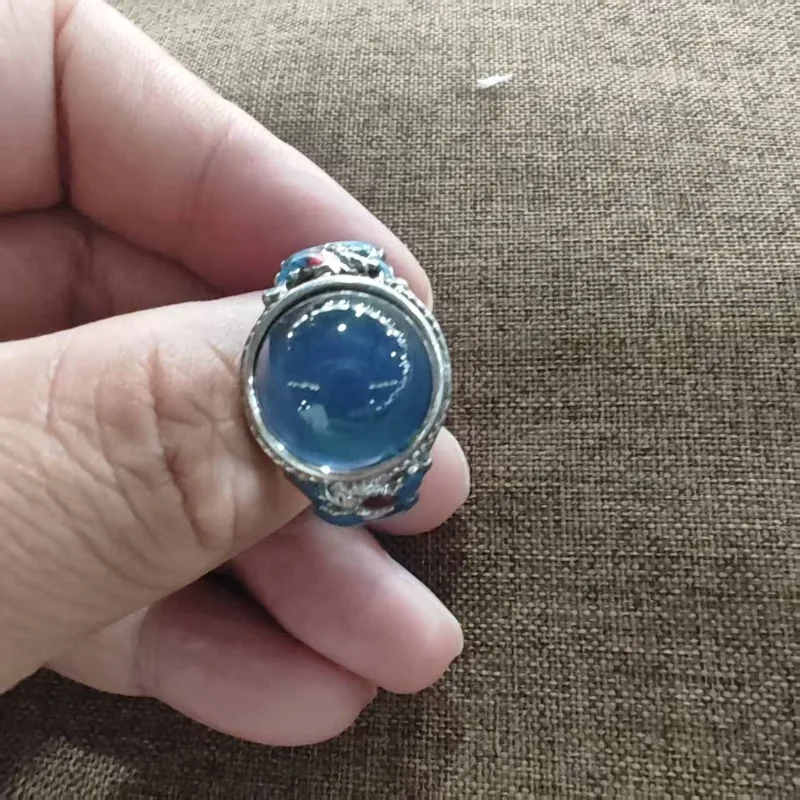 Antique SilverTone Unisex Open Ring FlowerEnamel ColorShifting Round Imitation Blue Gem Ethnic Finger Ornament