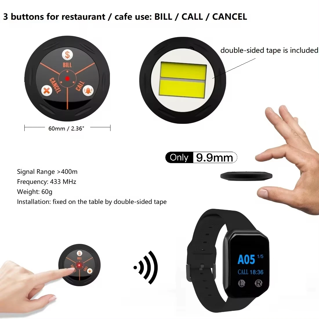 BYHUBYENG Restaurant Wireless Customer Calling System Waiter Call 4 Wrist Watch Pager +40 Call Bell +Amplifier for Pizzeria Bar