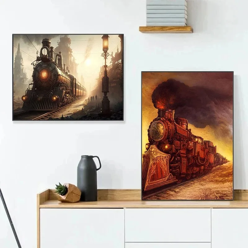 Steampunk Railroad Train Airship Posters and Prints Canvas Printing Wall Art Picture for Living Room Home Decoration