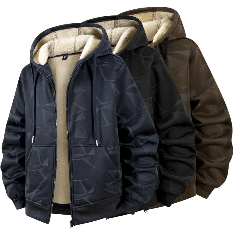 Men Winter Hooded Zip Up Sweatshirt Thick Lamb Fleece Lined Geometric Print Hoodie Jacket, Casual Warm Outerwear Drawstring Hood