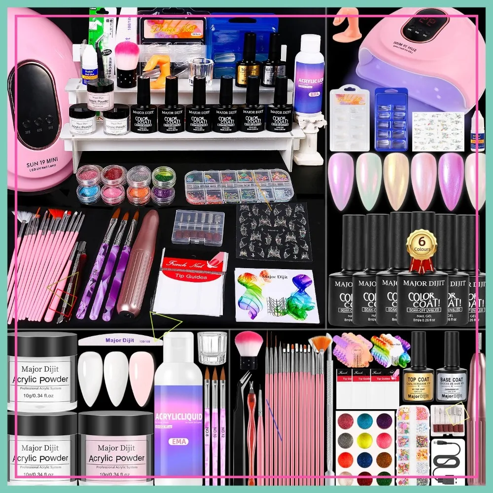 

Acrylic Nail Kit Starter Set with 6 Colors Powder, Gel Polish, UV Light & Drill for Beginners Salon Tools Gift
