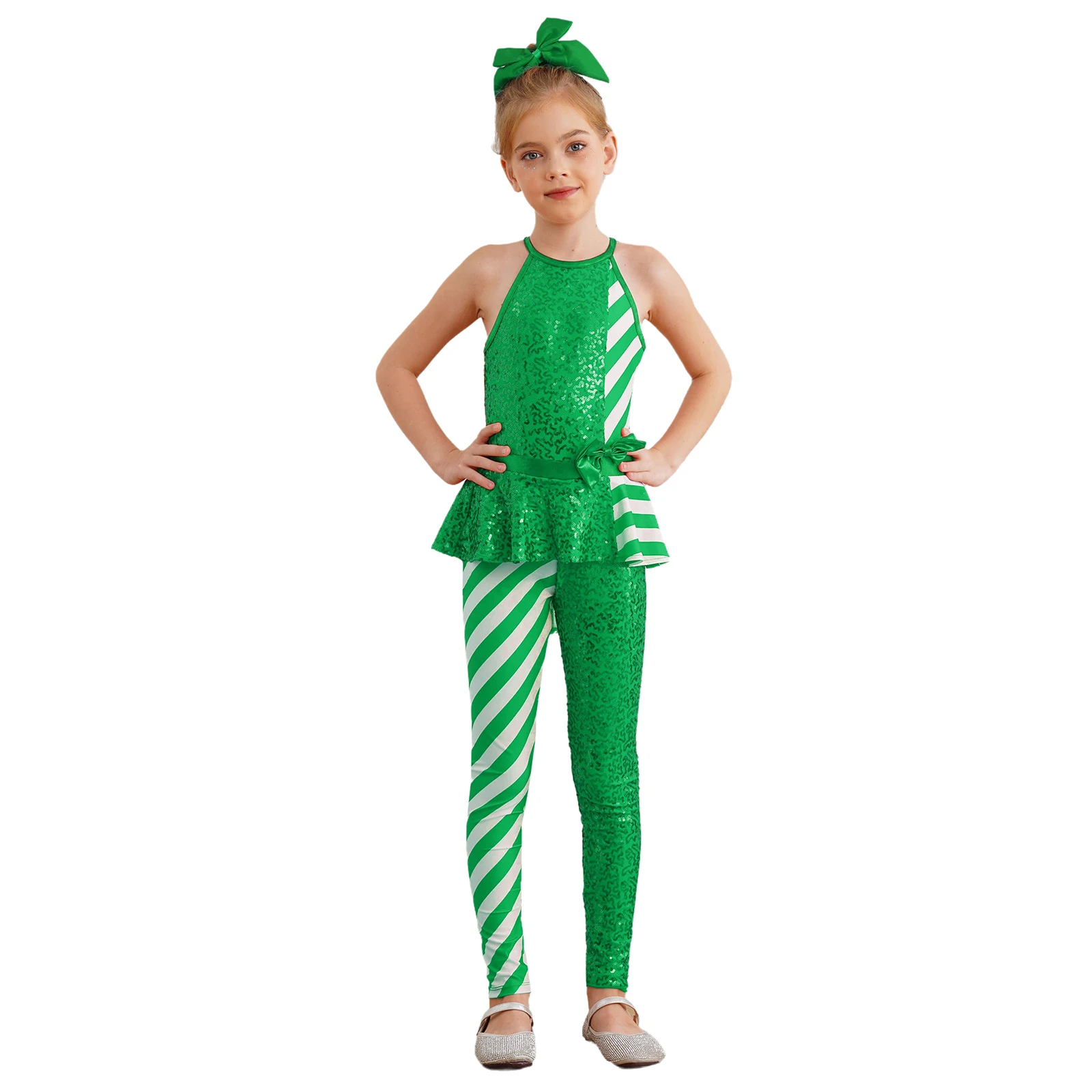 Kids Girls Christmas Costume Sleeveless Split Back High Waist Striped Sequin Ribbon Bow Bodysuit Pants Christmas Stage Outfits