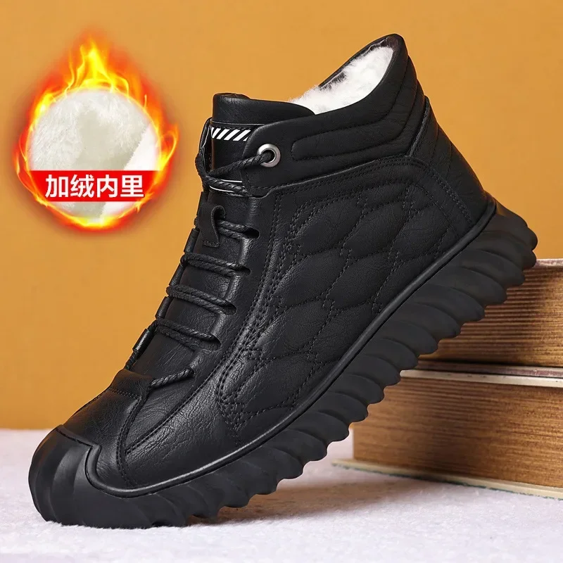 

New Men's Boots Winter Fashion Plush Shoes Snow Boots Waterproof and Warm Leather Shoes Lace Up Outdoor Men's Casual Work Shoes