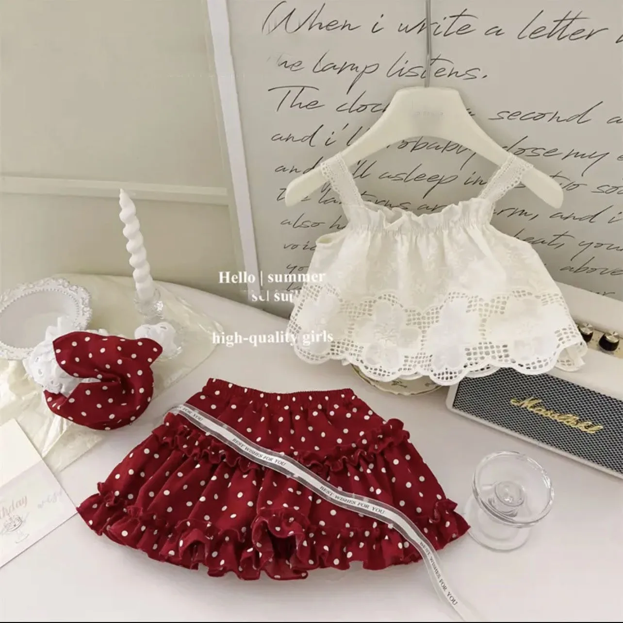 2024 Summer New Girl Clothing Set Cute Baby Hook Flower Embroidered Strap Top+Polka Dot Skirt Pants Korean Edition Two Piece Set