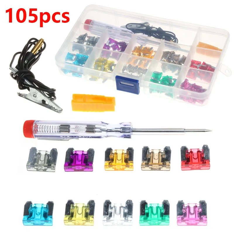 105PCS Car Fuse Blade Fuse Kit Small Micro Size Truck Fuses 2A 3A 5A 7.5A 10A 15A 20A 25A 30A 35A with Electrical Test Pen
