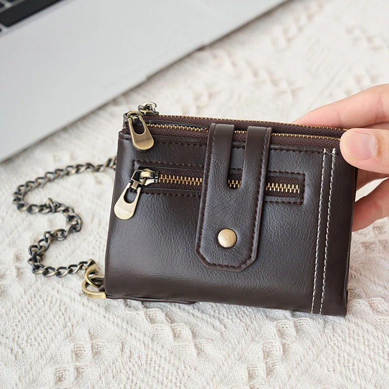 Dompet Pria Vintage Anti-RFID, Tempat Kartu, Dompet Lipat Anti Maling dengan Rantai, Tiga Kantong Resleting untuk Uang Koin