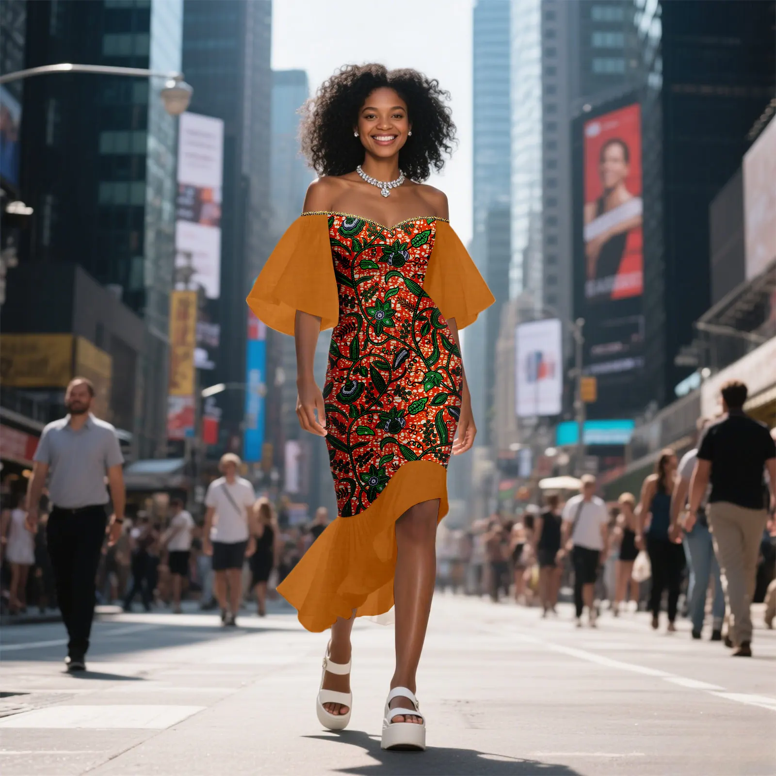 African Ankara Printed Fabric Women's Dress, Sexy Pairing with Solid Color Skirt Contrasting Color Design Dress 2525084