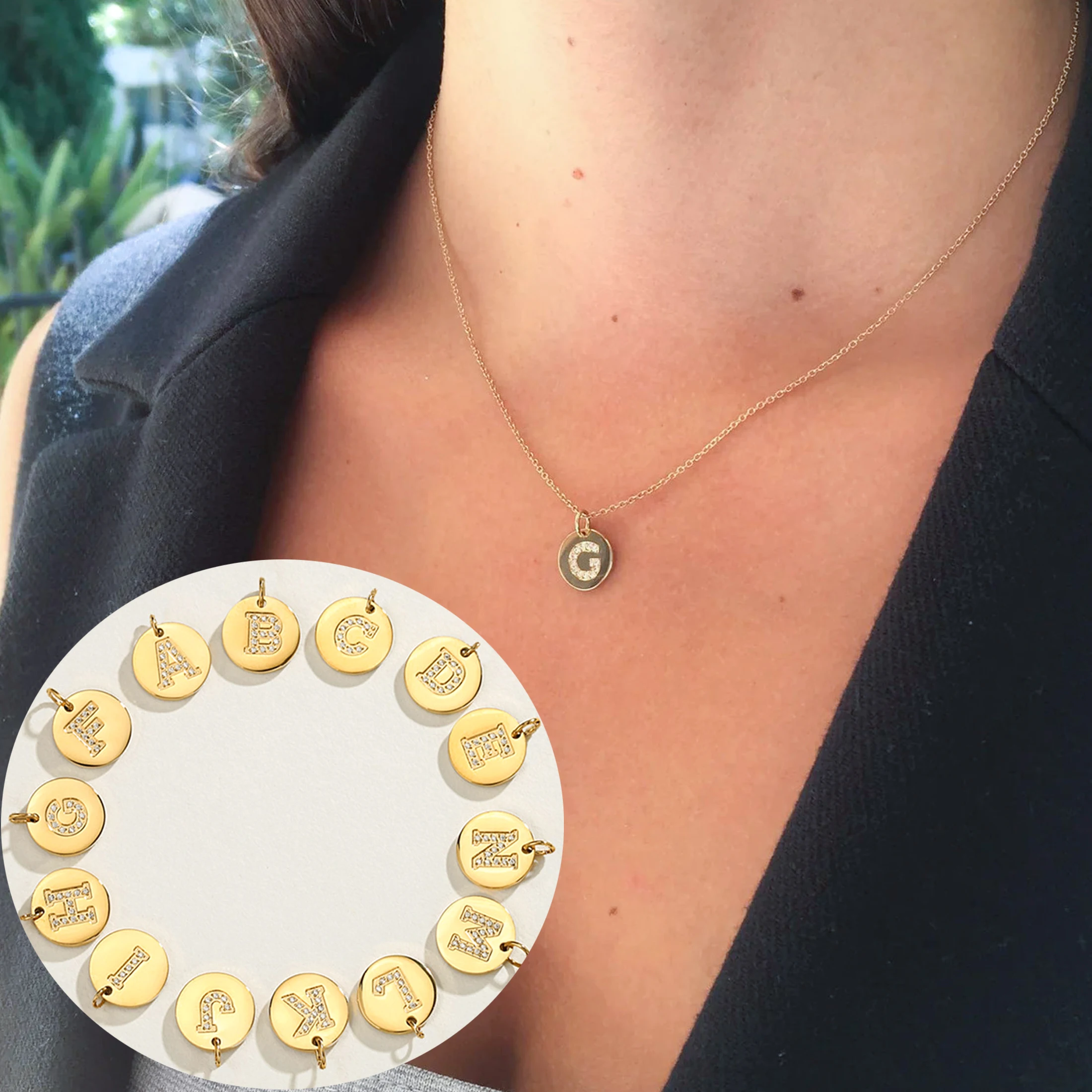 CARLIDANA Classic Minimalist Alphabet 26 Crystal Letter Charms Round Pendant Necklace Letter Stainless Steel DIY Necklace