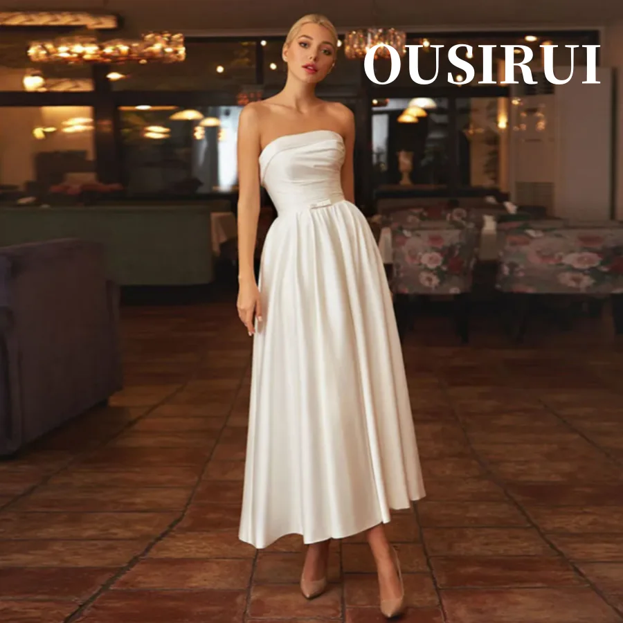 

Ankle-Length Simple Bride Dress Lace-Up Vintage Satin Wedding Dresses With Pockets StraplessBack Vestidos Novia Robr De Mariee