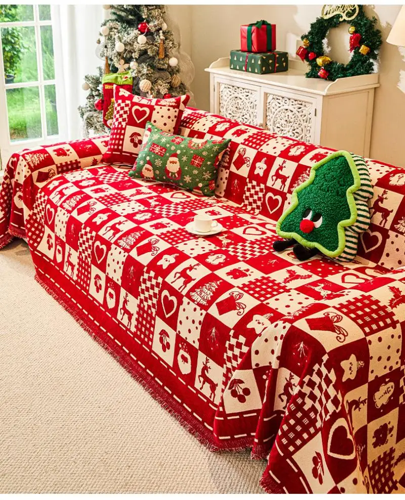 Weihnachtlicher Einteiliger Sofabezug Handtuch Chenille Rotes Karomuster Universelle Sofabezüge Festliche Komplette Decke Sofabezug-Stoff – Detail 4