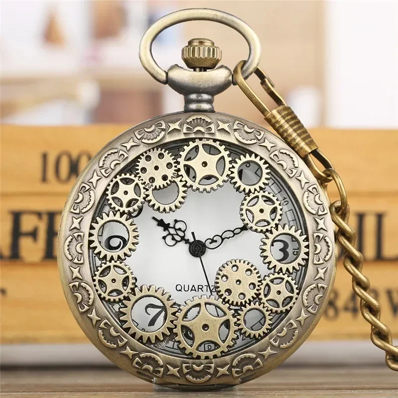 

Bronze Hollow Out Gear Case Arabic Number Quartz Analog Pocket Watch for Men Women To My Son Design Cover Gift To Kid Long Chain