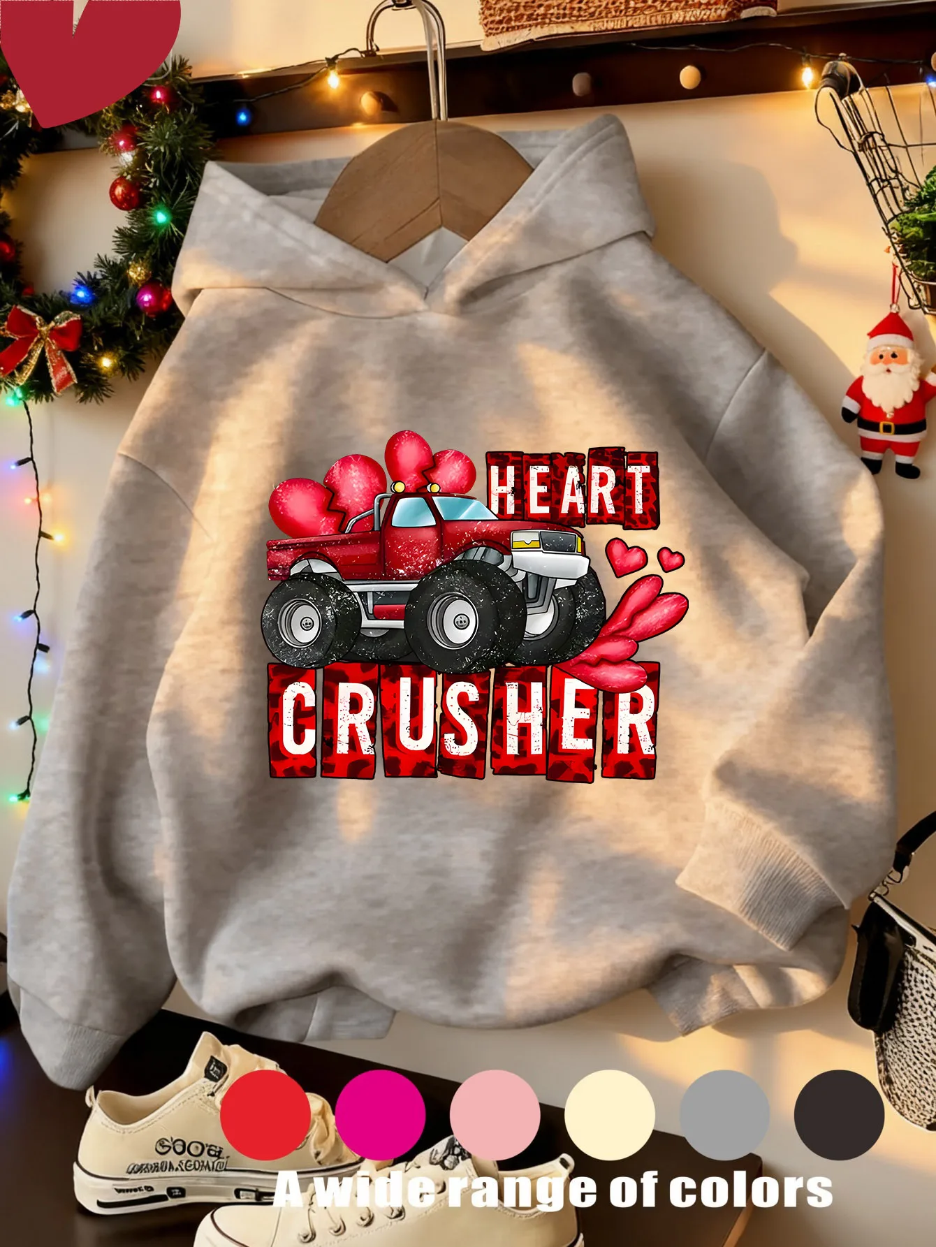 Kids' Christmas Gift Truck with Heart Print Hoodie - Pink/Red/Grey/Dark Blue/Black - Cute Tractor-Style Truck Warm Winter Hoodie