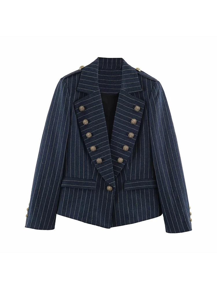 Women Retro College Women Striped Blazer Women Lapel Collar Double Breasted Decor Buttons Slim Fit Cropped Suit Jacket Outerwear