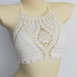 Knitting Crochet Backless Tie Up Top Women's Beach Vacation Bikini Cover Up sexy Fashion Beachwear Top