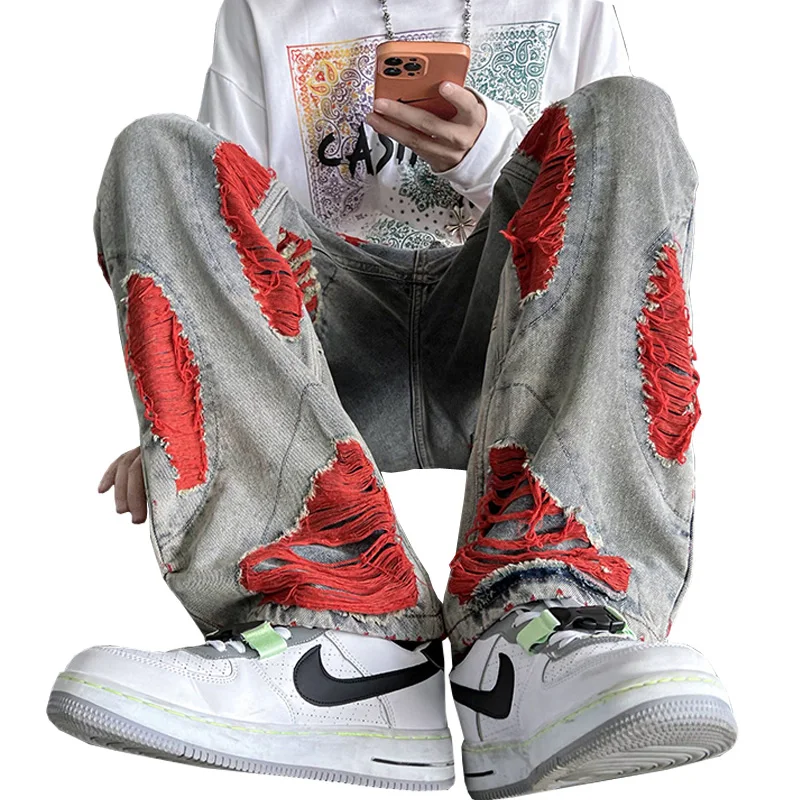 2023 Autumn Streetwear Men Jeans Pants With Hole Korean Version Fashion Straight Denim Wide Leg Trousers
