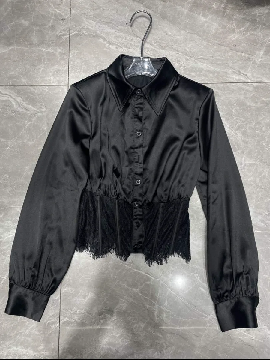 TWOTWINSTYLE Office Point Collar Satin Shirt for Women Long Puff Sleeve Lace Corset Waist Solid Cropped Blouse for Streetwear