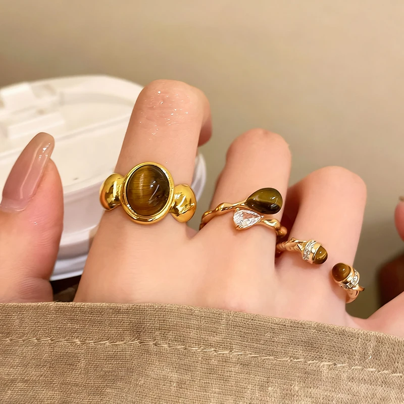 Anillos de piedra de ojo de tigre Vintage para mujeres y niñas, circonita en forma de gota de agua, anillo abierto estético exquisito, joyería elegante para fiesta