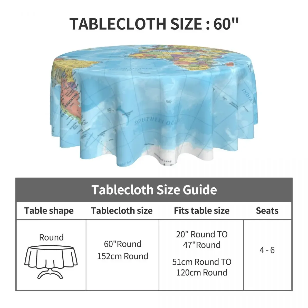 World Map Tablecloth Color Outdoor Round Table Cover Fashion Graphic Table Cloth For Events Christmas Party