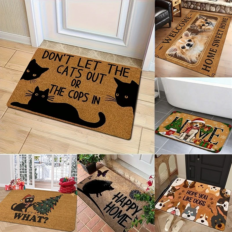 Pet Lover Floor Rug  Humorous Slogan Animal Silhouette Cat Dog Hedgehog Creative Graphic Decor Area Rug for Porch Home Ornament