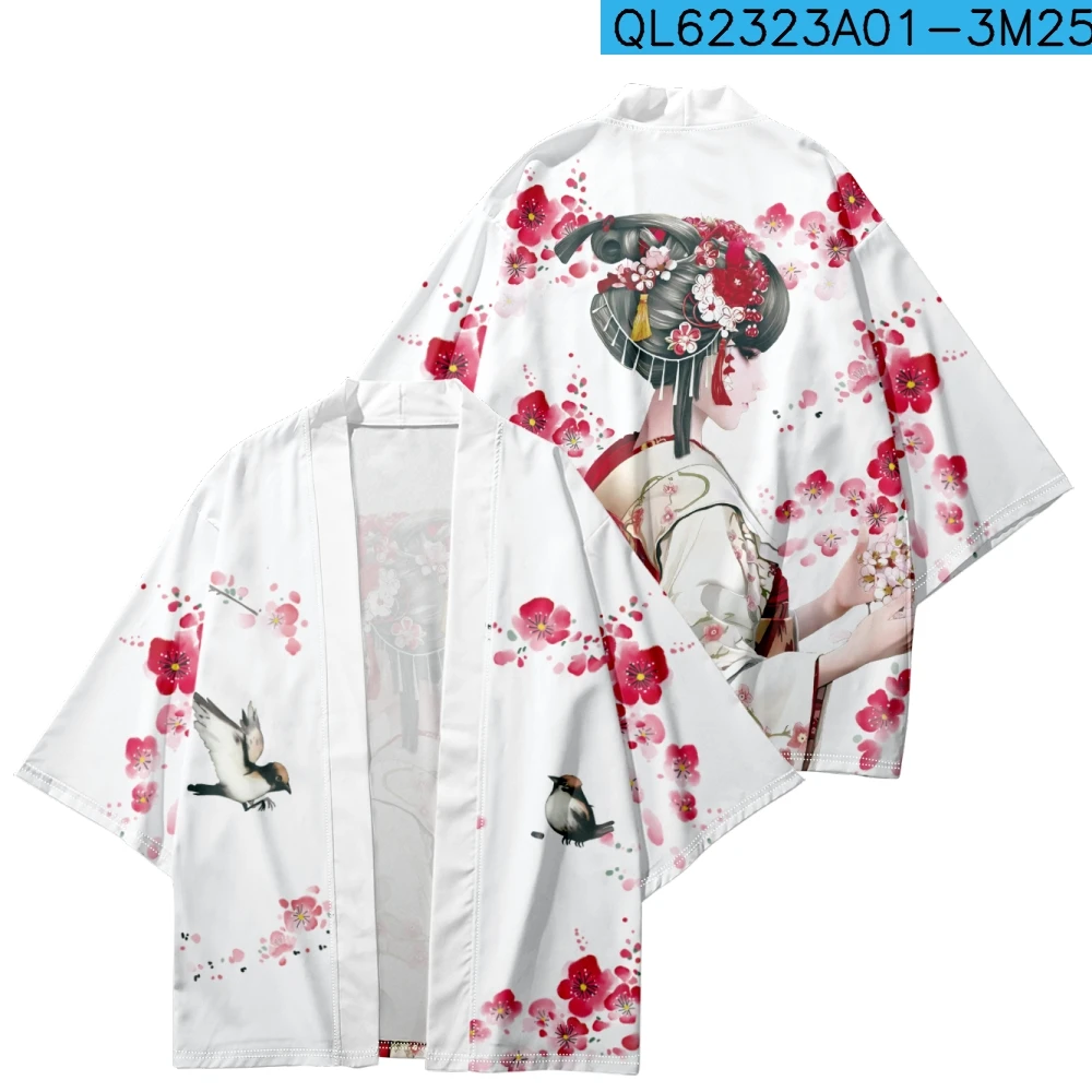 

Women's Traditional Clothing Japanese Beauty Floral Print White Kimono Men Summer Beach Oversized Cardigan Haori Yukata