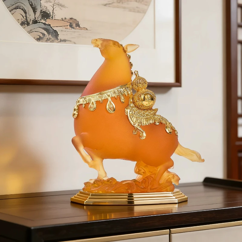 Light Luxury Crystal Glazed Horse Statue Ornament High-end Office Desk Wine Cabinet Lucky Wealth Attracts Sculpture Home Decor