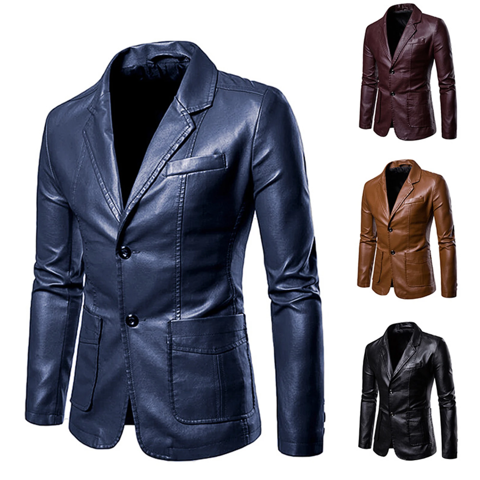 Men's Classic Leather Jacket 2 Button Slim Fit Notched Lapel Formal Coat Jacket for Wedding Dinner Party