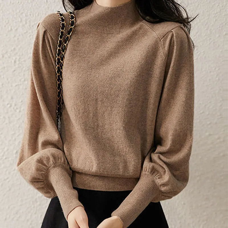 

Autumn Winter Office Lady Solid Color Half High Collar Basic Knitted Jumpers Korean All-match Loose Sweaters Women's Clothing