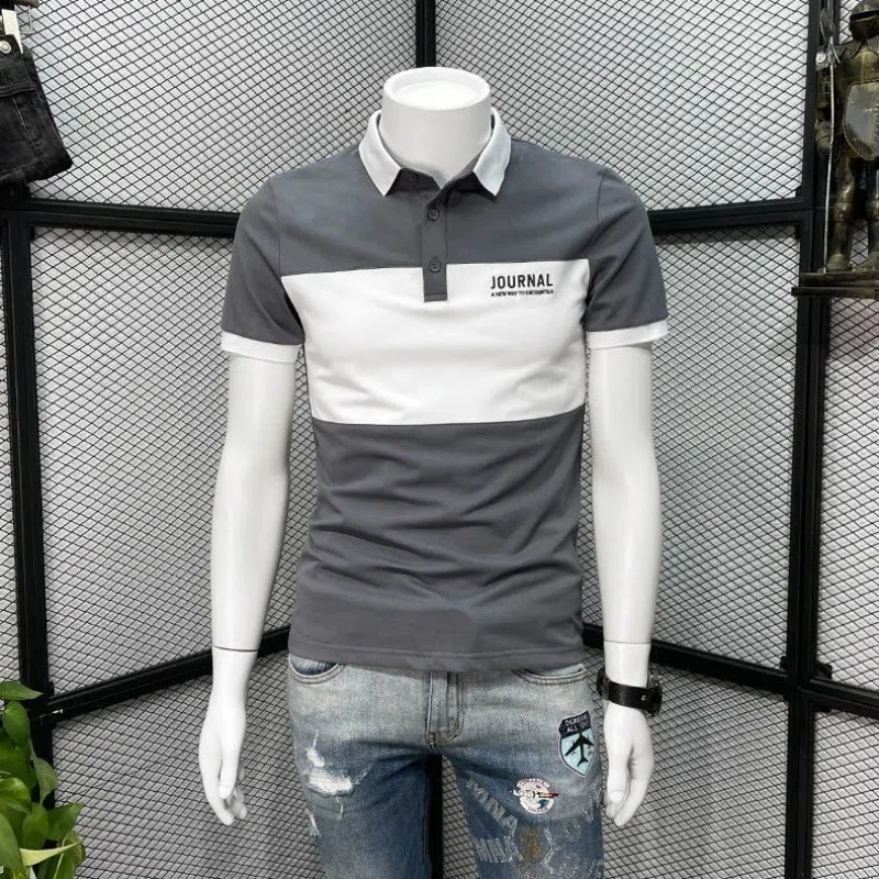 POLO Shirt Men\'s New Fashion Brand Slim Lapel T-shirt Summer Trendy Youth High-end Splicing Contrasting Color Short Sleeves