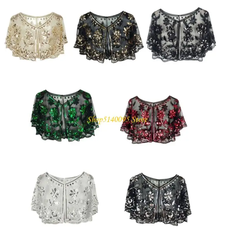 

DXAE Trendy Short Shawl Wrap With Sparkling Sequined Flower Decorative Collar Half Shirt For Layering And Evening Outing